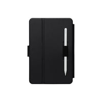 Black notebook with a pen on a white background