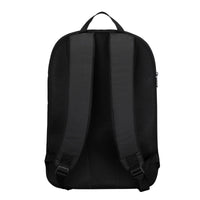 Black backpack shown from the back on a white background