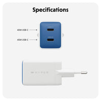 Specifications graphic showing a blue and white Hyper power adapter with two USB-C ports, labeled 45W USB-C and 45W USB-C, on a light gray background.