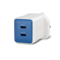 A white and blue Hyper-branded USB-C wall charger with two USB-C ports, shown on a clean white background.