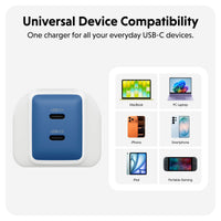 blue and white usb-c wall charger showing device compatibility