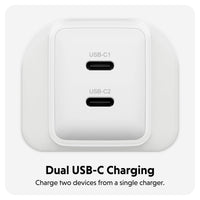 A white dual USB-C charger plug with two USB-C ports labeled USB-C1 and USB-C2, shown on a light gray background with the text 'Dual USB-C Charging' and 'Charge two devices from a single charger.' below.