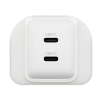 A white USB-C power adapter with two USB-C ports labeled USB-C1 and USB-C2, shown on a clean white background.