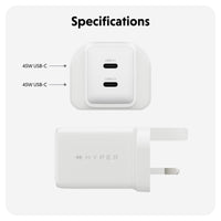 White Hyper-branded 45W USB-C wall charger shown from front and side views with 'Specifications' text and port labels on a light gray background.