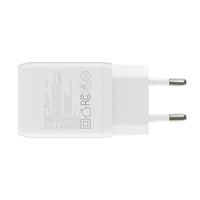 A white wall charger adapter with a two-pin European plug and printed regulatory text and symbols on the back, shown on a plain white background.