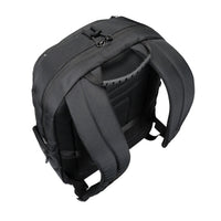 Black backpack with visible straps on a white background