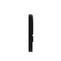 A slim black side profile of a rectangular powerbank, showing a USB-C port and a small button, isolated on a solid white background.