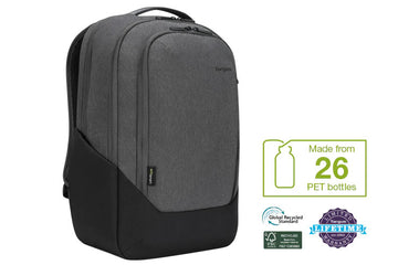 Targus Hero backpack with a graphic indicating 26 plastic bottles were used to manufacture the bag