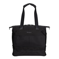 A black Targus expandable duffel bag with dual shoulder straps, a top zipper closure, and a front zippered pocket, shown against a plain white background.