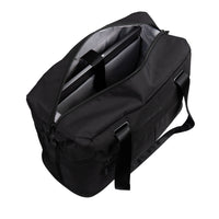 A black nylon duffel bag with an open top zipper, showing a gray interior lining and a laptop inside, photographed on a solid white background.
