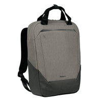 A gray and black Targus laptop backpack with dual top handles, shown from a three-quarter angle on a solid white background.
