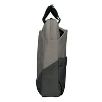 A gray and black dual-tone backpack shown from the side profile against a solid white background.