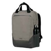 A gray and black Targus backpack with a water bottle in the side pocket, shown on a white background.