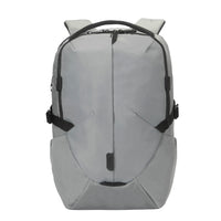 A light gray backpack with black straps, zippers, and trim, shown from the front against a plain white background.