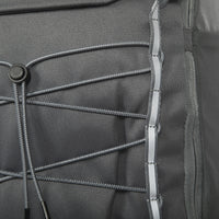 Close-up of a gray backpack with zippers and stitching details