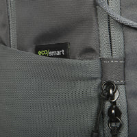 Gray backpack with 'eco/smart' label on a close-up of the fabric and zipper.