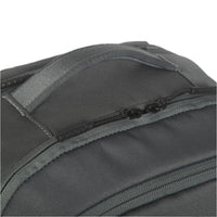 Close-up of a gray backpack with zippers on a black background