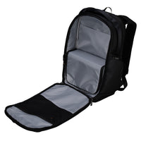 Black backpack with a gray interior on a white background