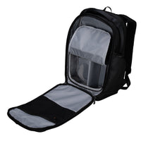 Black backpack with open front compartment on a white background