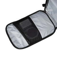Black backpack open showing inside pocket