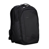 Black backpack with a visible brand logo on a white background