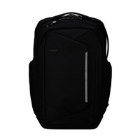 Black backpack with a visible brand logo on a white background