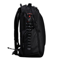 Black backpack with visible straps and compartments on a white background