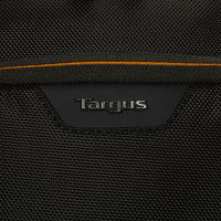 Close-up of a black Targus laptop bag with orange stitching detail.