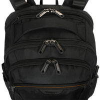 Black backpack with multiple zippers on a white background