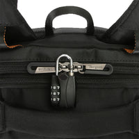 Black backpack with a combination lock on a white background