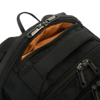 Black backpack with multiple zippers and a visible brand logo on a white background