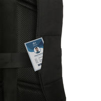 Black backpack with a card holder on strap