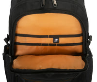 Black backpack with a orange interior pocket and visible brand logo on a white background