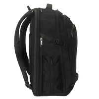 Black backpack with multiple zippers on a white background