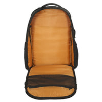 Backpack with orange interior and black exterior on a white background