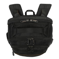 Black backpack with multiple zippers on a white background