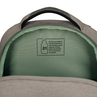 Close-up of the inside of a gray backpack showing a sage green lined interior with a printed '21' recycled material label.