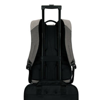 The back view of a black and gray rolling backpack with an extended black telescoping handle, shown on a solid white background.