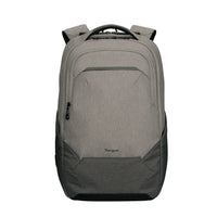 A gray and black Targus laptop backpack shown from the front on a solid white background.