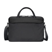 Black briefcase with shoulder strap on a white background