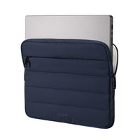 Navy blue laptop sleeve with a silver laptop inside on a white background