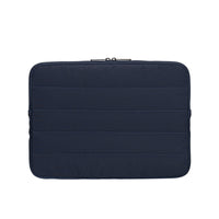Navy blue laptop sleeve with horizontal stitching on a white background