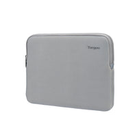 A light gray neoprene laptop sleeve with a top zipper and the Targus logo printed in black on the upper right, shown on a plain white background.