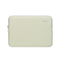 Green laptop sleeve with a brand logo on a white background
