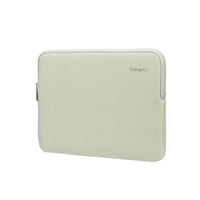 A light sage green neoprene laptop sleeve with a zipper closure and a small 'Targus' brand logo on the upper right, shown against a plain white background.