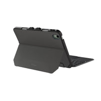 A black protective tablet case with an integrated kickstand and attached keyboard, shown from a three-quarters angle on a solid white background.