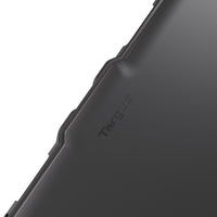 Close-up of a dark gray protective laptop sleeve corner with the embossed Targus logo, set against a plain white background.