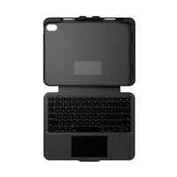 A black tablet keyboard case shown open, featuring a built-in keyboard and touchpad on a plain white background.