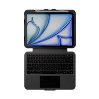 A black tablet keyboard case with an attached tablet and keyboard, shown from a top-down view on a solid white background.