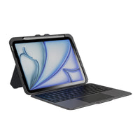 A black tablet case with an attached keyboard and kickstand, shown with a tablet inserted on a plain white background.
